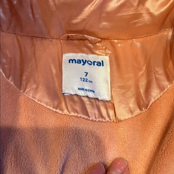 MAYORAL Spain 7 Peach Satin-Lined Jacket Fur Lined Hood High Sheen Puffer Trench
